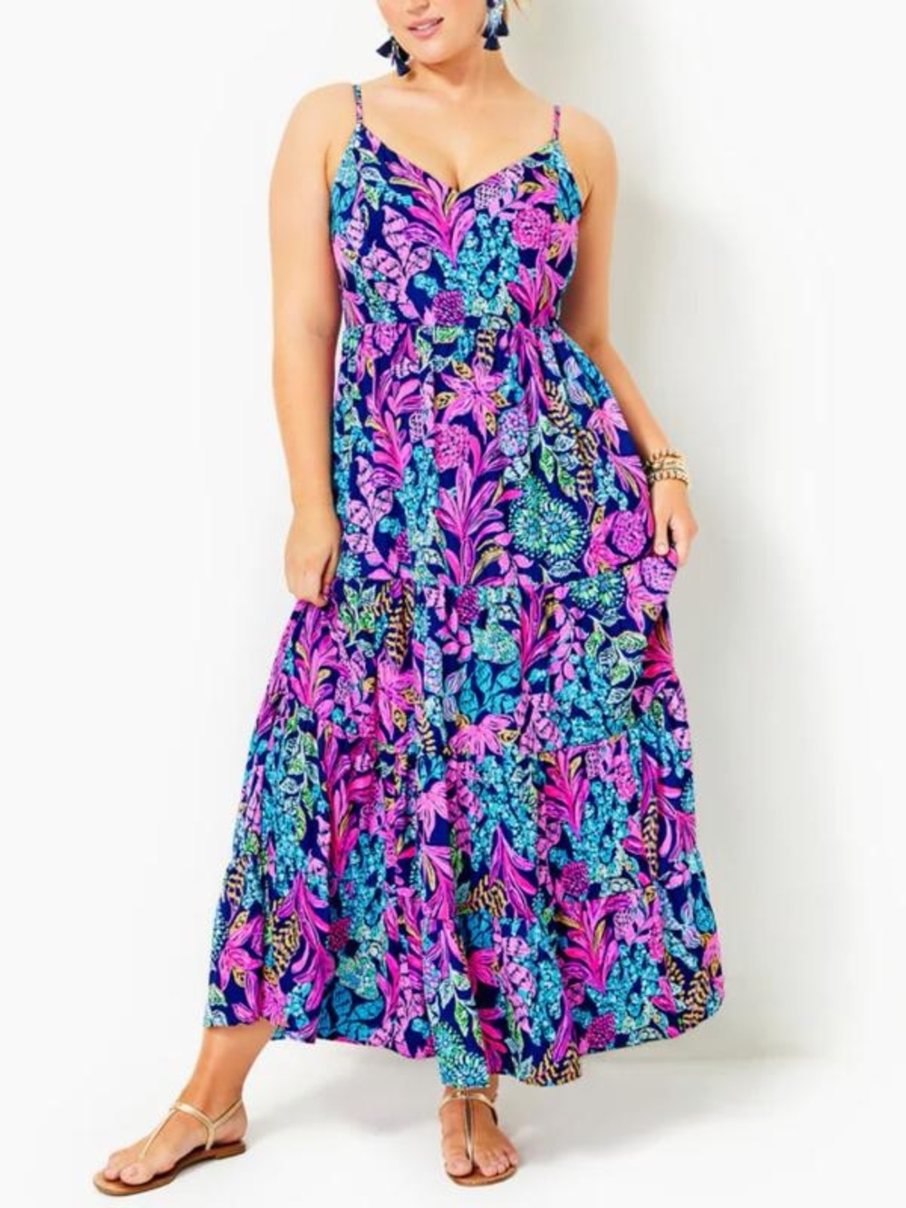 Lilly Pulitzer Navy Pink Teal Floral Maxi Dress